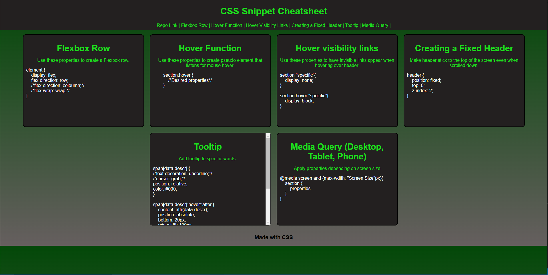 Screenshot of a CSS cheatsheet